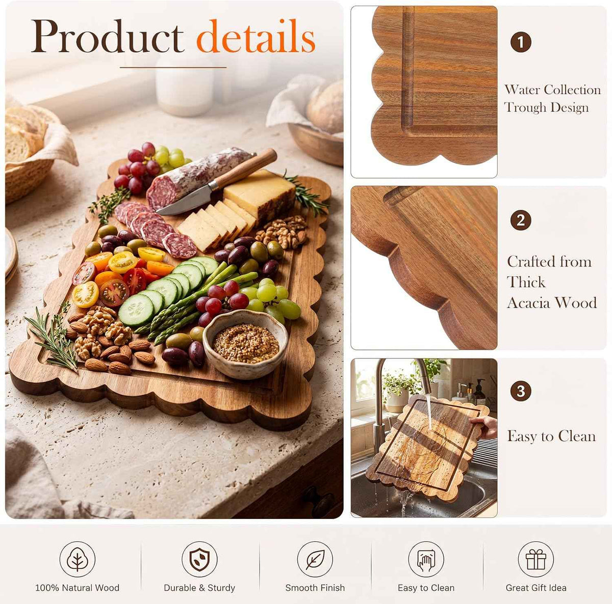 Scalloped Acacia Serving Board & Server Set
