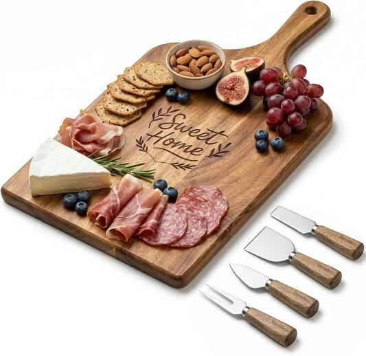 Charcuterie & Cheese Board Set, 5-Piece, 15.7", Acacia Wood | Natural Wood Grain, Smooth Hand-Polished Finish, 4 Cheese Knives Included, Entertaining & Serving, Housewarming Gift