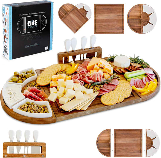 Elite Snacker Large Charcuterie Board Set, Acacia Wood, Premium Finish | Magnetic 3-Piece Acacia Wood Design, Reshapes Circle Square Heart, Expands 13 to 26 In, 4 Knives, 3 Dishes, No Oiling Needed