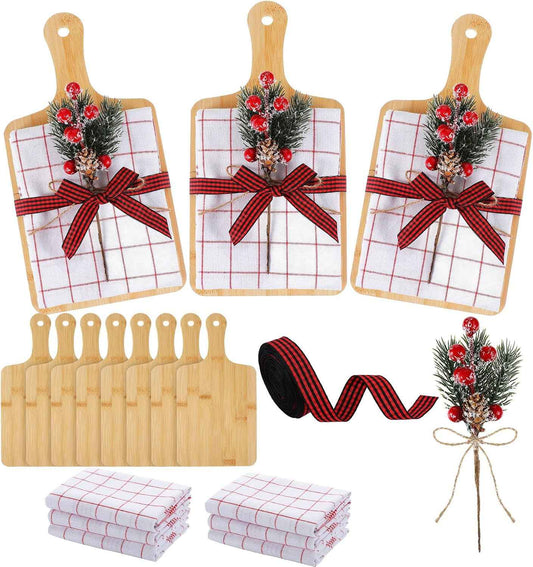 Amyhill 8 Set Christmas Kitchen Gifts Cutting Board Set,Stripe Grid | Red Berry, Tea Towels, Xmas Charcuterie Boards, Cooking Housewarming Neighbor Gifts for Kitchen Holiday Party Decor