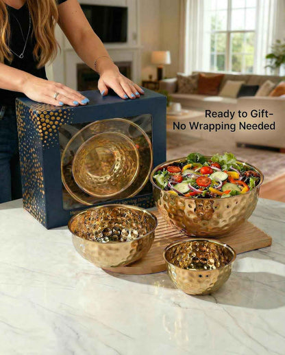 Gold Hammered Serving Bowls Set of 3（1.2/2.4/3.6QT with Elegant Gift Box – Stainless Steel Decorative Nesting Salad,Snack Bowl Set –for Parties,Kitchen Counter, Wedding, Housewarming