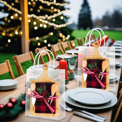 6 Set Christmas Cutting Board Gift Bulk Wooden Cheese Charcuterie Board | with Knives Forks Red Berry Towels Gift Bags Kitchen Housewarming Gifts for Neighbor Guest Xmas Holiday Party Decor