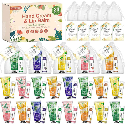 VESPRO 30 Pack Bulk Hand Cream and Bulk Lip Balm Sets, Bridesmaid Gifts, Wedding Favors for Guests with Thank You Card and Organza Bags, Birthday Gift, Teacher Appreciation Gifts and Party Favors