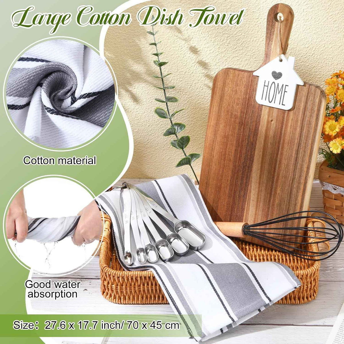 Patelai 7 Pcs Housewarming Gifts Set, Cutting Board Towels Spoons Whisk | Wood Board, Striped Towels, Metal Spoons, Silicone Whisk, Wedding Bridal Shower Gift for Newlywed Homeowner Kitchen