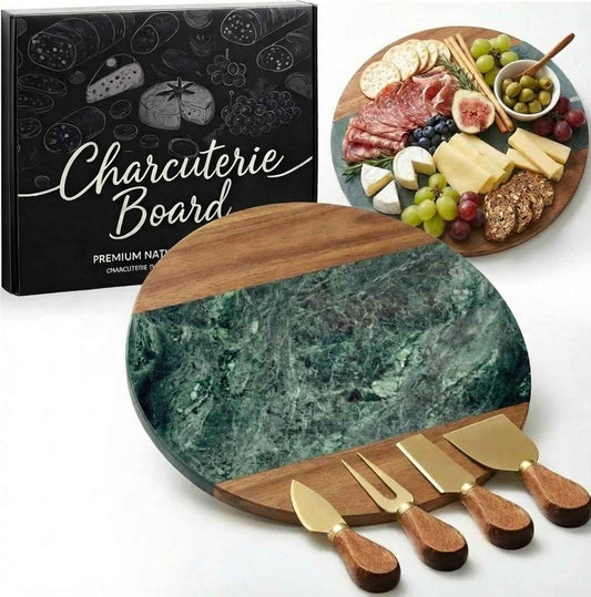 Green Marble Cutting Board Marble and Wood Charcuterie Board Gift Set House Warming Gifts New Home with Cheese Knives Acacia Cheese Platter with Handle for Valentine's Day Wedding Party Gift(Round)