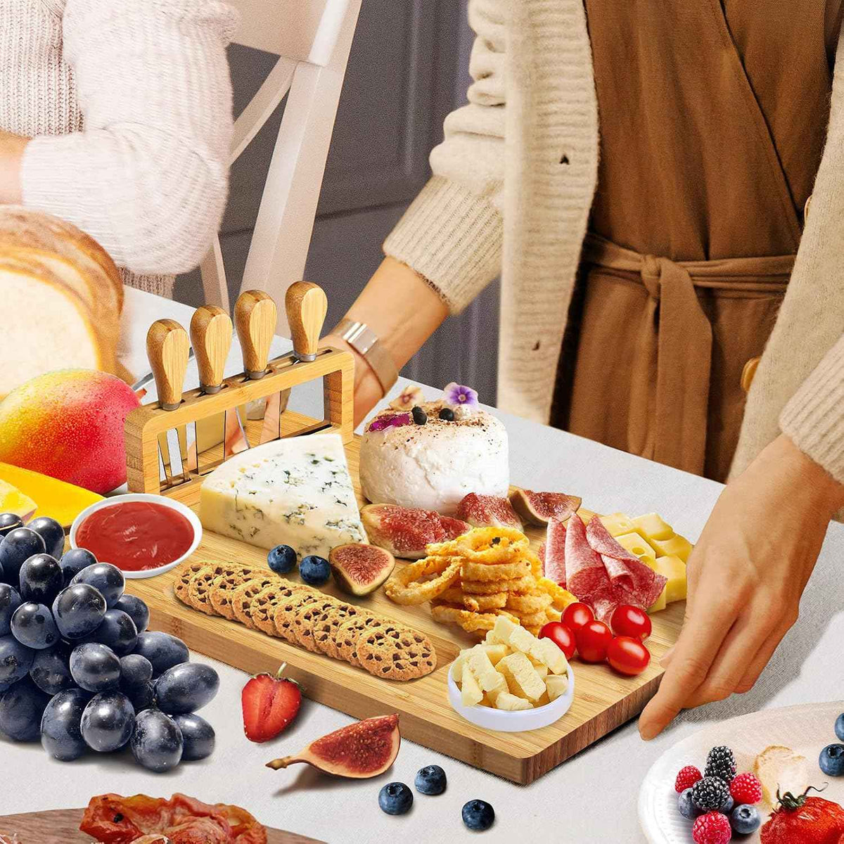 Bamboo Charcuterie Board Set with 4 Cheese Knives, Serving Platter | 4 stainless steel knives, cutting board. Ideal for parties, weddings, wine night, housewarming.