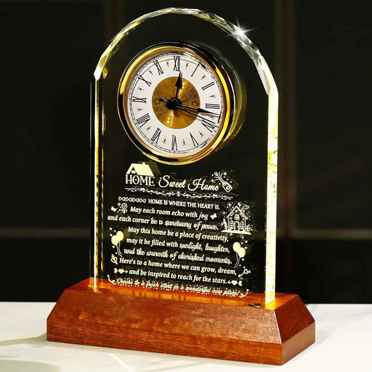 Arikyrist House Warming Gifts New Home Glass Clock New Home Gift Ideas | Crystal Housewarming Gifts for Couples Family Women Men, Home Blessing Keepsakes, with Wooden LED Light Base, Tabletop Decor