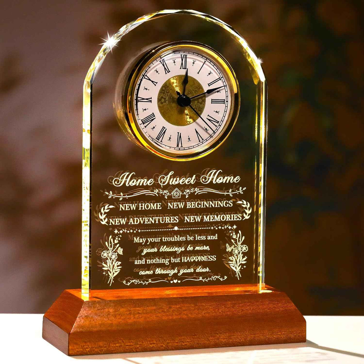 Ornalrist House Warming Gifts New Home for Women Men Glass Clock Keepsake | with Wooden LED Light Base, Unique Housewarming Gift Ideas for Couples, Blessing Warming Gifts for New House Family
