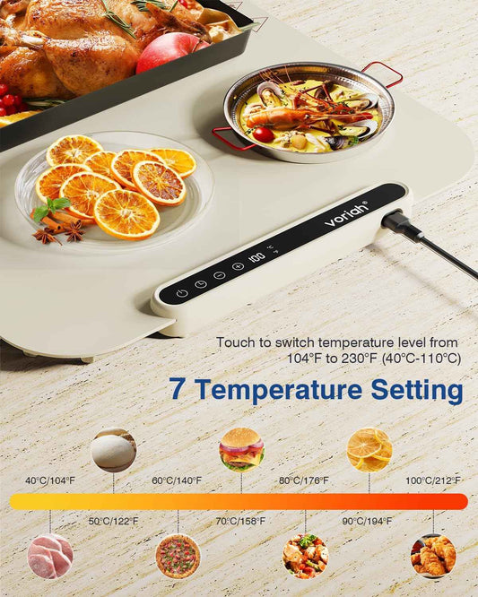 Warming Mat for Food,27.5x15.7" Large Electric Buffet Warming Tray, 7 Temp Levels, 99H Continuous Heat, ℉/℃ Switch, Patented Fast-Heat Design for Parties, Family Meals, Daily Use Apricot