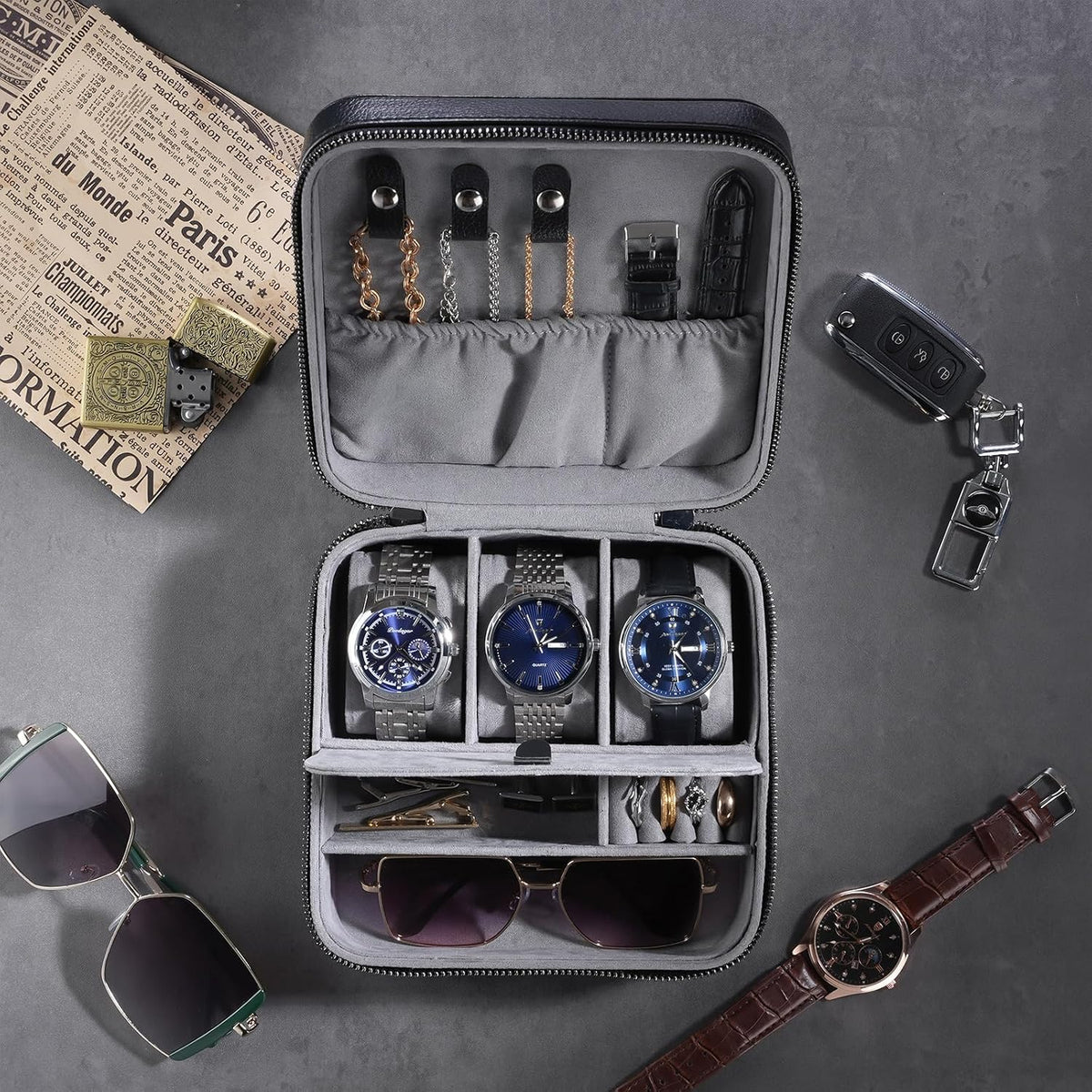 Three-Slot Travel Watch Case in Black