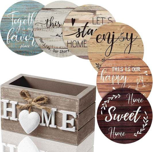 Queekay Wooden Coasters Set of 6 with Holder 4'',Farmhouse Color | Housewarming Gifts for New Home, Home Drink Coasters, Funny Farmhouse Decoration for Family Coffee Bar Tabletop Protection