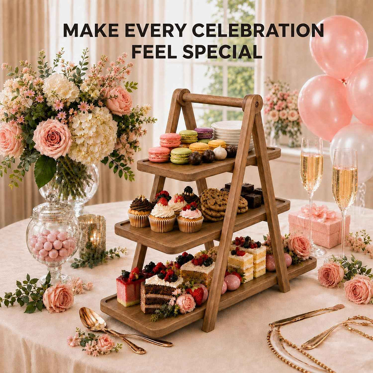 Acacia Wood 3 Tier Foldable Serving Tray, Farmhouse Tiered Display Stand for Charcuterie, Cheese, Desserts & Snacks, Wooden Organizer for Kitchen Counter, Coffee Bar and Party Entertaining