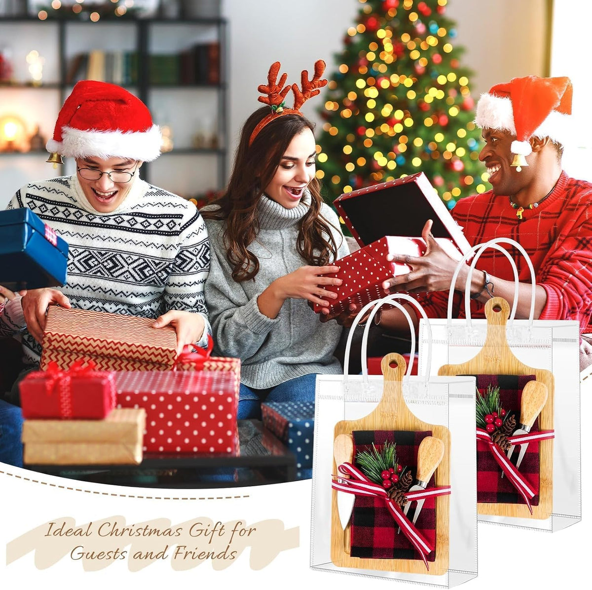 6 Set Christmas Cutting Board Gift Bulk Wooden Cheese Charcuterie Board | with Knives Forks Red Berry Towels Gift Bags Kitchen Housewarming Gifts for Neighbor Guest Xmas Holiday Party Decor