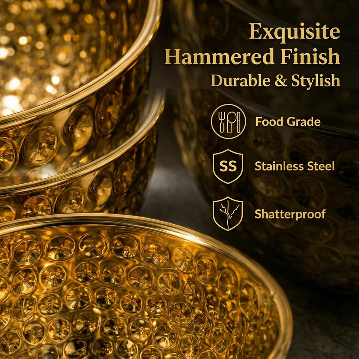 Gold Hammered Serving Bowls Set of 3（1.2/2.4/3.6QT with Elegant Gift Box – Stainless Steel Decorative Nesting Salad,Snack Bowl Set –for Parties,Kitchen Counter, Wedding, Housewarming