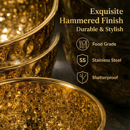 Gold Hammered Serving Bowls Set of 3（1.2/2.4/3.6QT with Elegant Gift Box – Stainless Steel Decorative Nesting Salad,Snack Bowl Set –for Parties,Kitchen Counter, Wedding, Housewarming