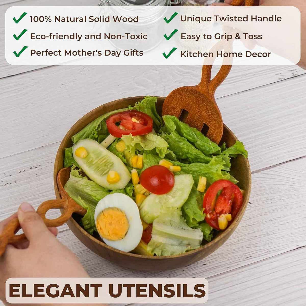 JABIHOME Wooden Salad Utensils Set, Easter Cooking Gifts for Mom, Wooden Salad Servers for Serving, Tossing, Valentine's Day Hostess Gifts for Women