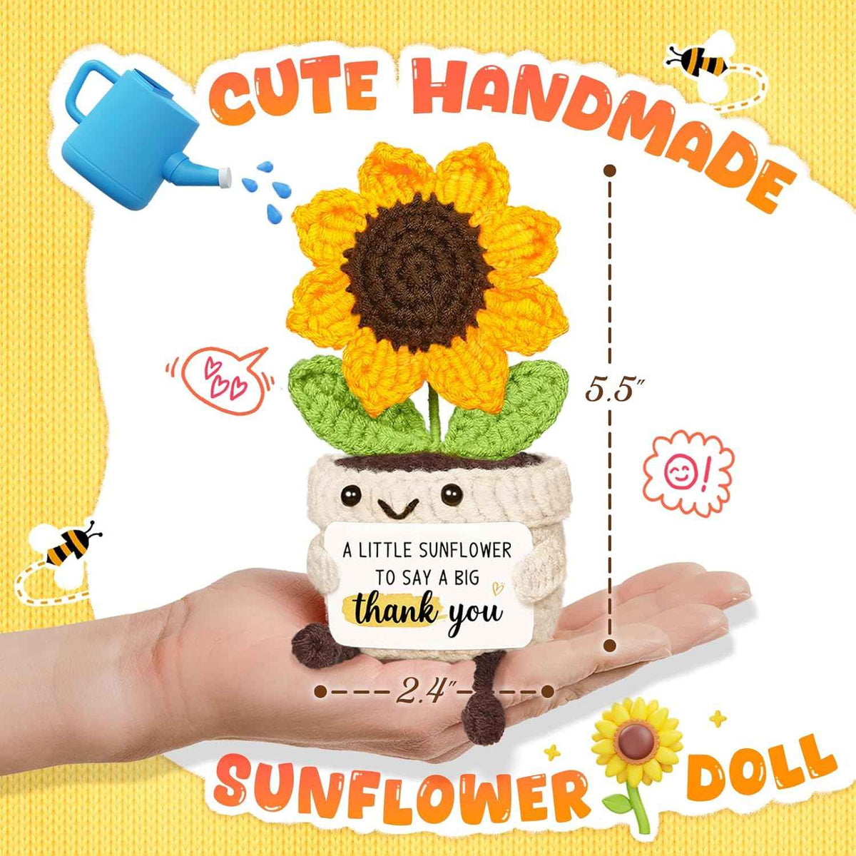 Thank You Gifts for Women Men, Handmade Positive Sunflower Crochet Decor, Cute Thank You Gift with Warm Card for Friend Family, Appreciation Gifts for Teacher Boss Coworkers Doctor Nurse