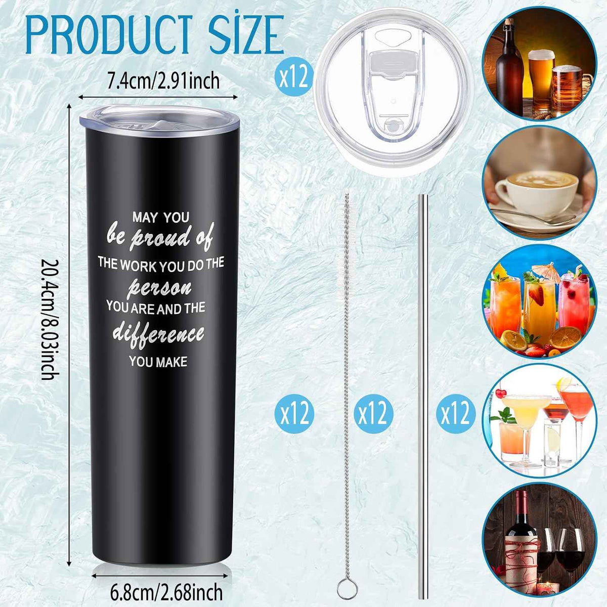 Lallisa 12 Sets Thank You Gifts for Men Women Insulated Stainless Steel Travel Tumbler Mug 20oz Inspirational Appreciation Christmas Gifts for Boss Teacher Employee Coworker Friends(Black)