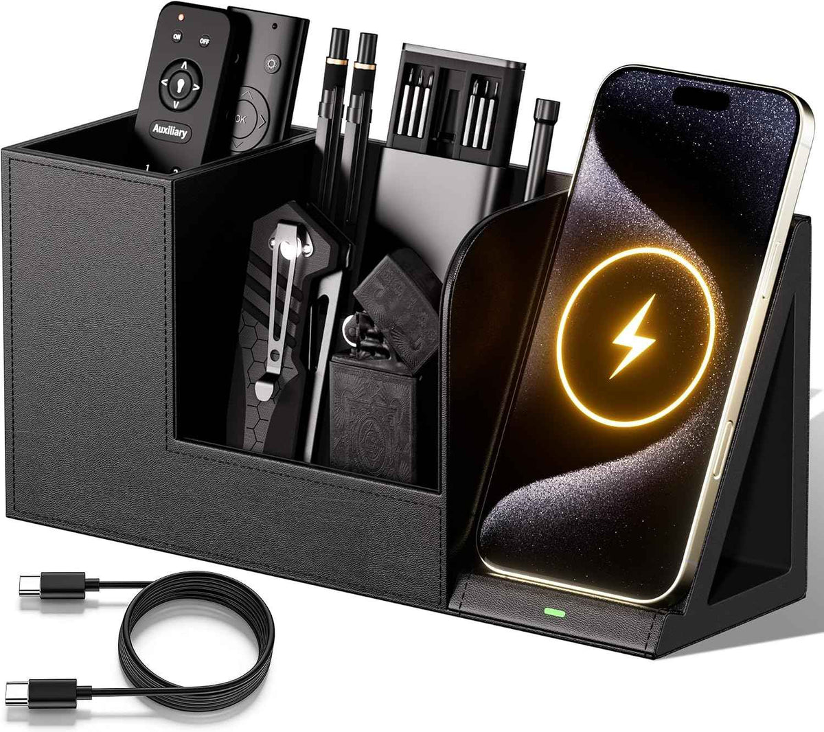 GORESE Desk Organizer with Charging Station, PU Leather Desktop Pen Holder Remote Organizers with Phone Charging Stand for Office Home Nightstand, Practical Gifts for Men Who Want Nothing, Black
