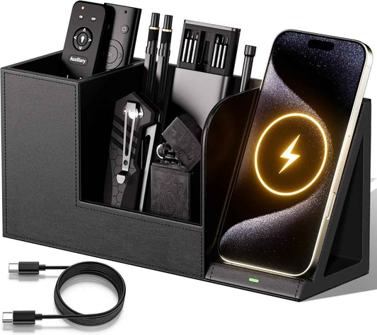 GORESE Desk Organizer with Charging Station, PU Leather Desktop Pen Holder Remote Organizers with Phone Charging Stand for Office Home Nightstand, Practical Gifts for Men Who Want Nothing, Black