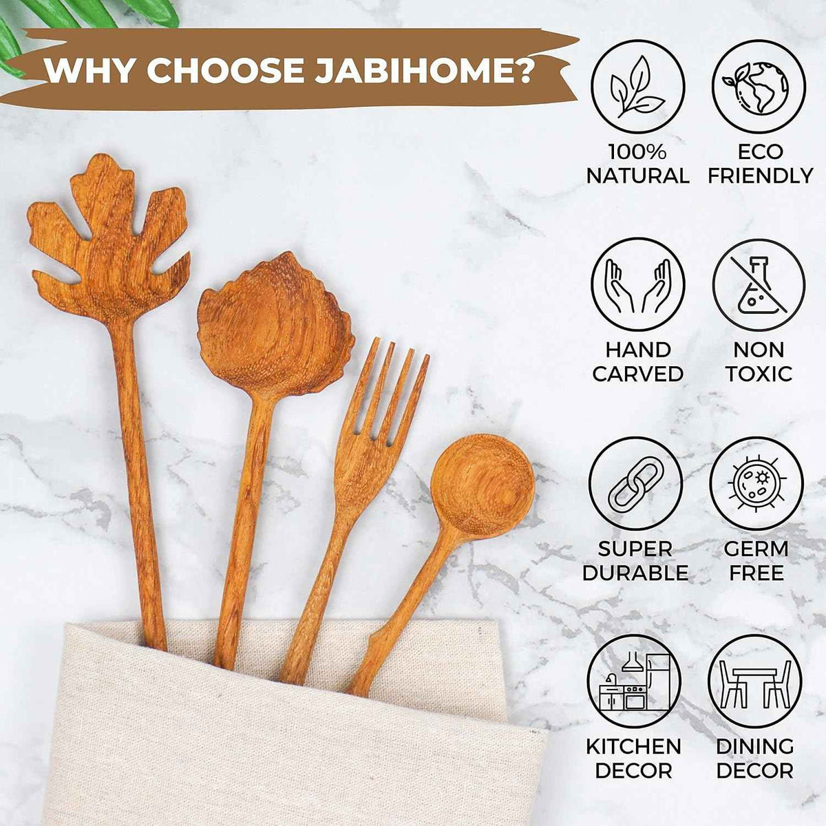 JABIHOME 4 Wooden Spoons and Forks Set, Thanksgiving Gifts for Women | 4pcs, Solid Wood, Beautiful Handcrafted, Ready-Gift Box