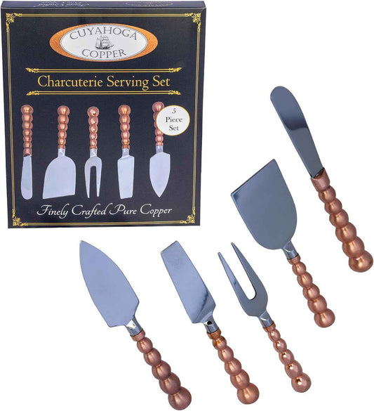 Charcuterie Serving Set - Premium 5-Piece Stainless Steel & Pure Copper Cheese Knife Utensil Set - Elegant Gift Box - Perfect for Cheese Boards, Entertaining, Parties, and Gifting