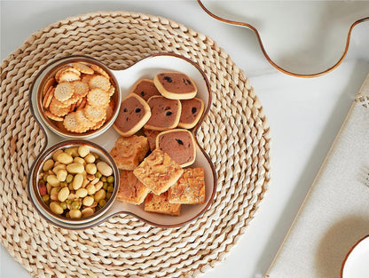 ONEMORE Chip and Dip Serving Set, 8.5 inch Ceramic Divided Serving Platter Small Appetizer Tray with 4 Removable Dishes for Nuts, Candy, Snacks, Veggies, Rustic Serving Bowls for Entertaining