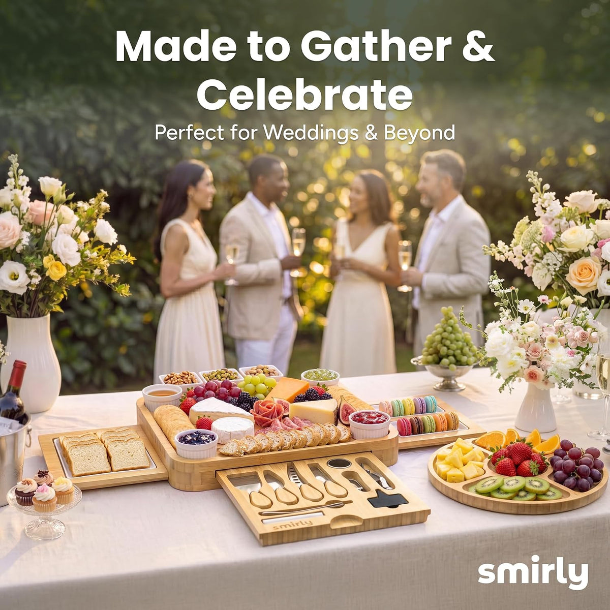 SMIRLY Bamboo Charcuterie Board Set with Cheese Knives, Serving Accessories | Housewarming, Wedding and Holiday Gift for Hosts, Suitable for Parties, Family Gatherings and Serving Charcuterie Spreads