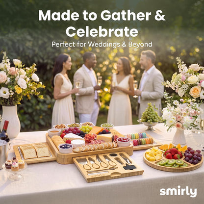 SMIRLY Bamboo Charcuterie Board Set with Cheese Knives, Serving Accessories | Housewarming, Wedding and Holiday Gift for Hosts, Suitable for Parties, Family Gatherings and Serving Charcuterie Spreads
