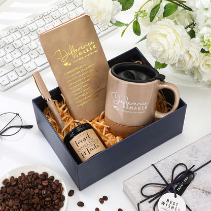Vesici 4 Pcs Difference Maker Gift Set Mug Notebook Candle Pen, Brown, Word | Thank You Gift Set for Women, Men, Teacher, Nurse, Coworker, Employee, and Boss Back to School Teacher Appreciation Gifts