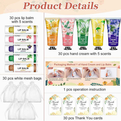 VESPRO 30 Pack Bulk Hand Cream and Bulk Lip Balm Sets, Bridesmaid Gifts, Wedding Favors for Guests with Thank You Card and Organza Bags, Birthday Gift, Teacher Appreciation Gifts and Party Favors