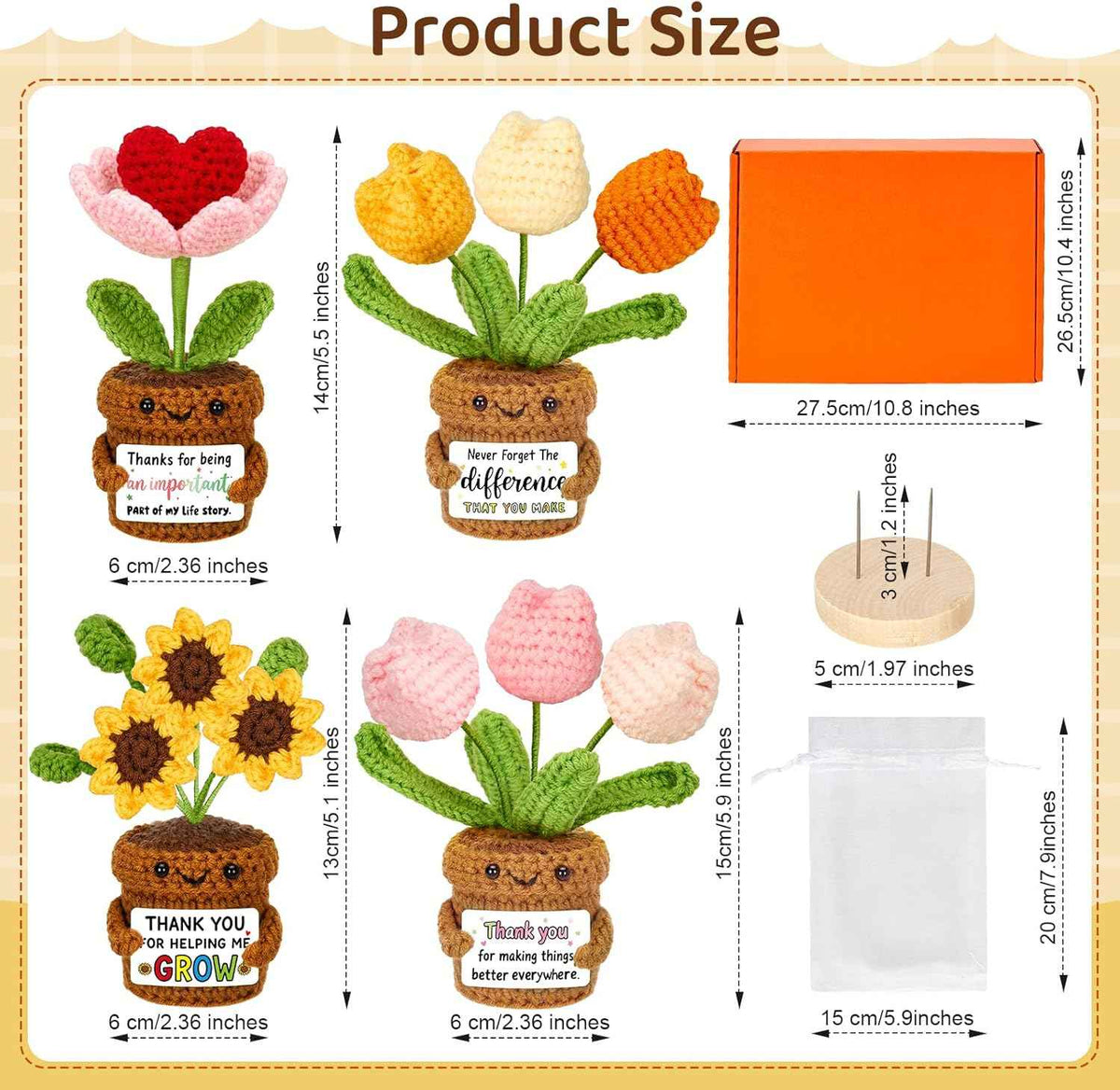 4 Pcs Thank You Gifts for Women, Positive Crochet Sunflower Tulip Heart Potted Plant Flower Dolls with Card Wooden Stands and Box, Teacher Employee Appreciation Gifts, Mothers Day, Birthday Gift