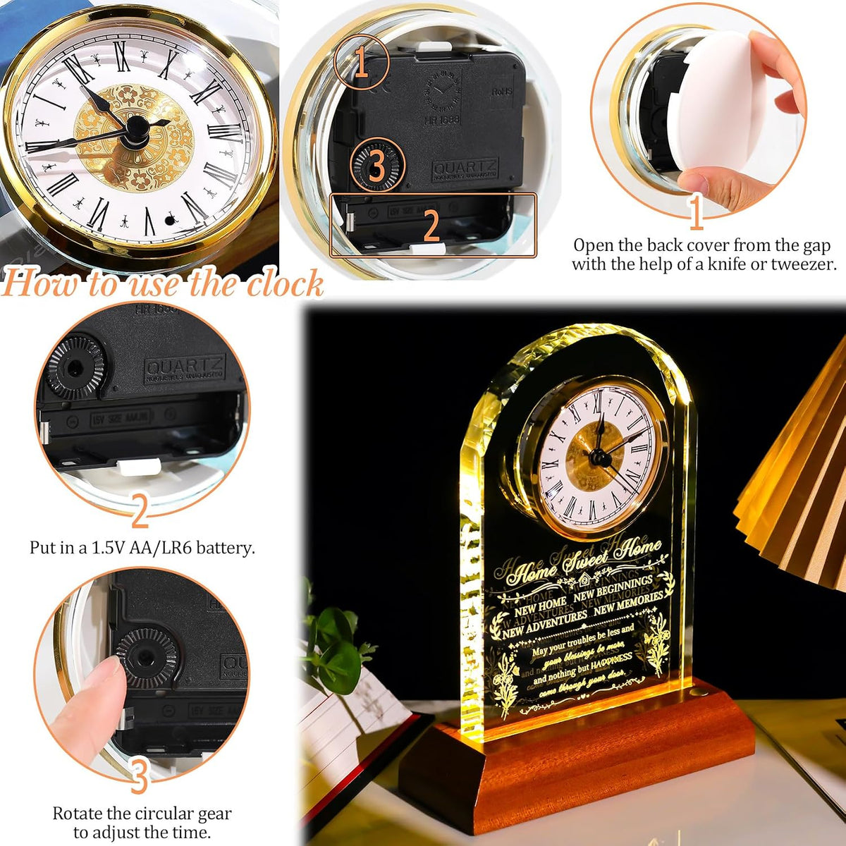 Ornalrist House Warming Gifts New Home for Women Men Glass Clock Keepsake | with Wooden LED Light Base, Unique Housewarming Gift Ideas for Couples, Blessing Warming Gifts for New House Family