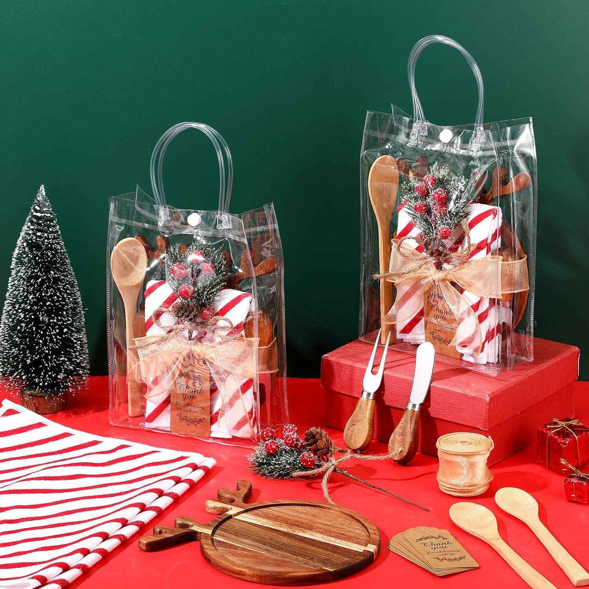 Potchen 6 Set Christmas Kitchen Gifts Wood Cheese Board Fork Spoon Butter Spreaders Dish Cloth Thank You Card Ribbon and Gift Bags for Merry Christmas Cooking Serving Xmas Utensils Gifts (Reindeer)