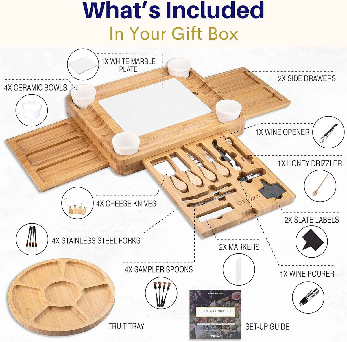 Extra Large Charcuterie Boards Gift Set: Marble Bamboo Cheese Board Set- Unique for Mom, 23 Entertaining Accessories, Christmas, Wedding Gifts for Couple, House Warming Gifts Home