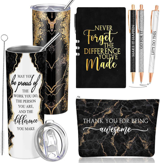 Domensi 6 Pcs Employee Appreciation Gift Set for Women, Black | Female Thank You Gift, May You Be Proud 20 oz Rustic Marble Sign Tumbler, Makeup Bag, Journal, for Boss Teacher Work Business