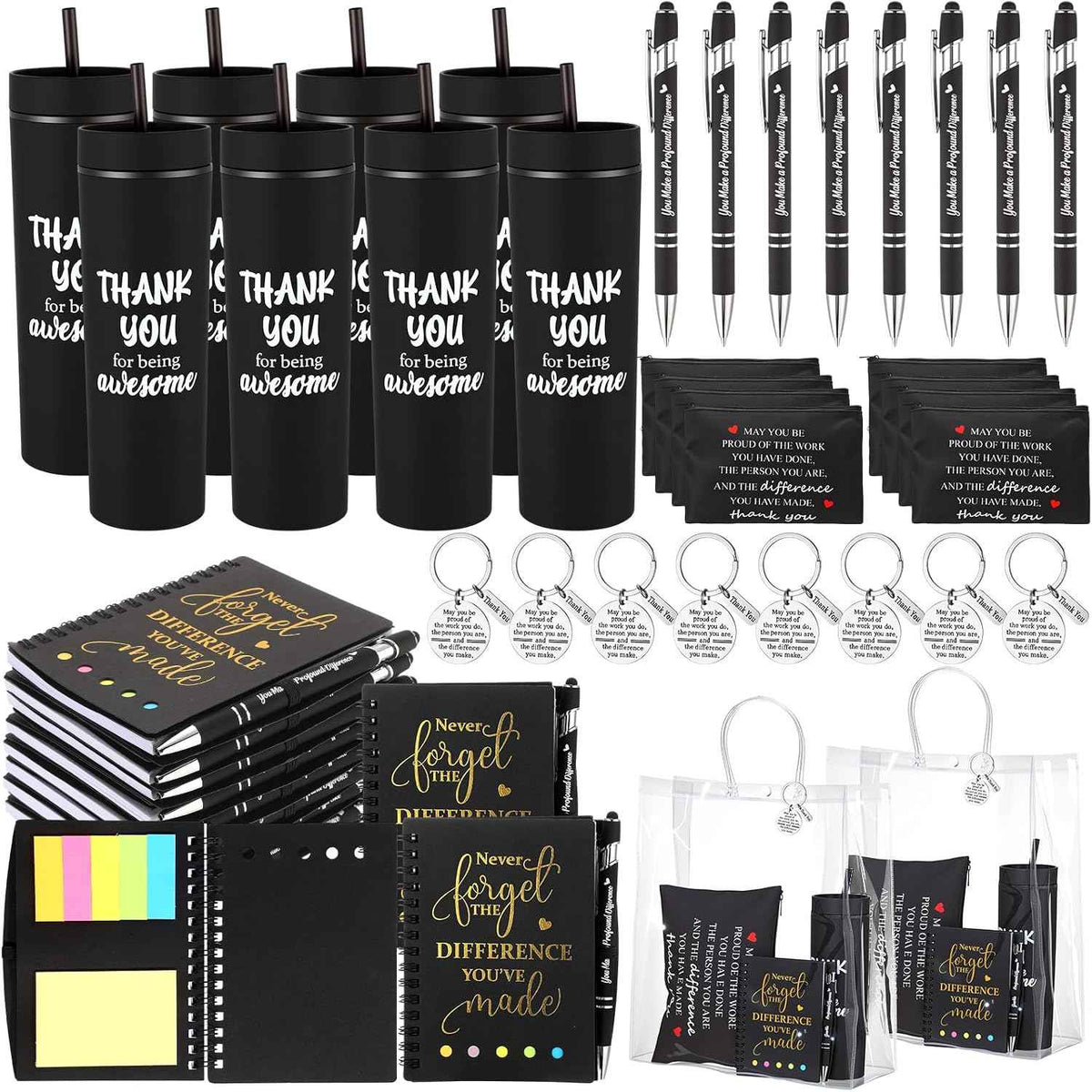 Funnymoom 48 Pcs/8 Sets Employee Appreciation Gifts 8 Thank You for Being Awesome Tumblers 8 Notebooks 8 Ballpoint Pen 8 Makeup Bags 8 Keychain 8 Bag for Women Men Coworker Teacher(Black)