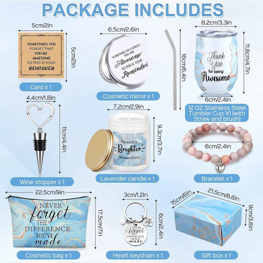 9 Pcs Inspirational Gifts for Women Teacher Appreciation Gift Set for Coworker Friend Nurse Mom Thank You Basket Makeup Bag Candle Tumbler Bracelet Mirror Keychain(Blue)