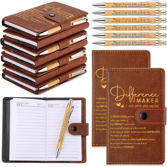 Marspark 10 Sets Difference Maker Appreciation Gifts,Brown | Inspirational A5 Leather Notebook with Pens for Men Women Coworkers Employees, Thank You Back to School Teacher Gifts
