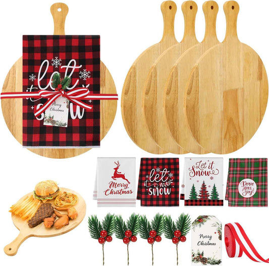 4 Set 15.7in Christmas Cutting Board Bulk Christmas Kitchen Gift Set Wooden Cheese Charcuterie Board Kit with Tea Towels Red Berry Housewarming Gifts for Neighbor Xmas Holiday Party Decors