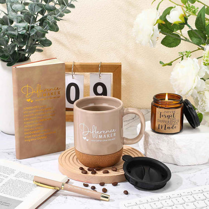Vesici 4 Pcs Difference Maker Gift Set Mug Notebook Candle Pen, Brown, Word | Thank You Gift Set for Women, Men, Teacher, Nurse, Coworker, Employee, and Boss Back to School Teacher Appreciation Gifts
