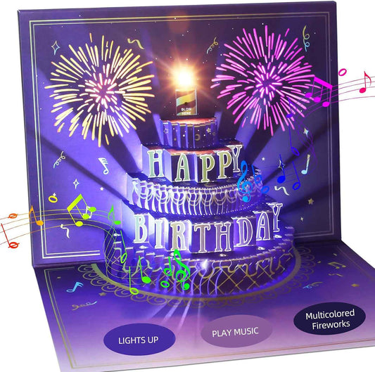 XTF2015 Happy Birthday Cards Fireworks, Pop Up Birthday Cards for Women | Lights Music and Sound Fireworks Cake 3D Birthday Cards Gift with Envelope & Note Tag for Women, Men, Kids, Wife, Mom