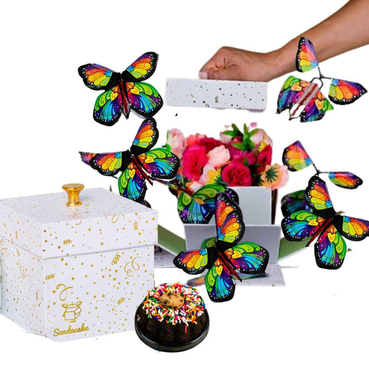 Send A Cake Celebration Explosion Box, with Flying Butterflies, Flower Shower & 3" Chocolate Chip Mini Bundt Cake – Ready to Gift Unique Birthday Gift for Women, Men, Adults, Kids