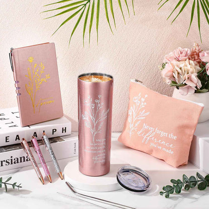 Funnymoom 6 Pcs Employee Appreciation Gift Thank You May You Be Proud 20 oz Boho Flower Tumbler Makeup Bag A6 Journal Pens for Back to School Gifts for Coworker Staff Women Men Nurse Teacher (Pink)