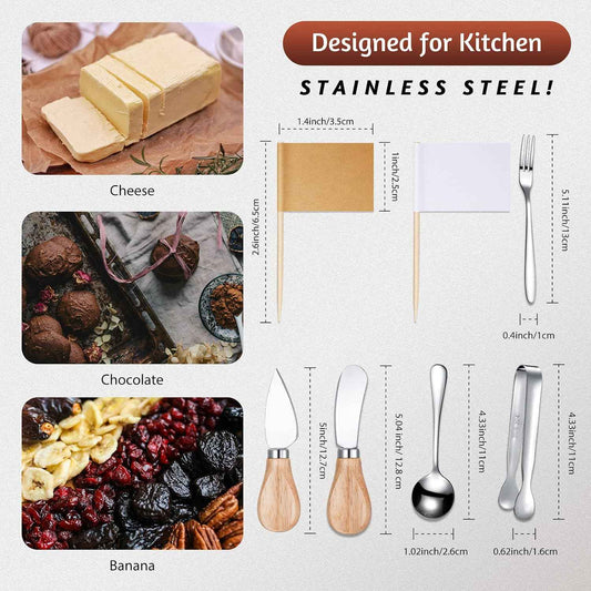 Patelai 20 Pieces Charcuterie Accessories Spreader Knife with Forks,Silver | Wooden Handles, Cheese Spreaders Forks Spoons, Stainless Steel, For Party Wedding Appetizers, Board Serving Tools