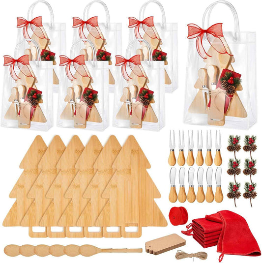 Acellegic 6 Sets Christmas Cheese Cutting Board Gift Set, Christmas Kitchen Gifts Bamboo Charcuterie Board with Fork Spoon Butter Knives Towels Bags Tags Ribbon Housewarming Gift (Xmas Tree)