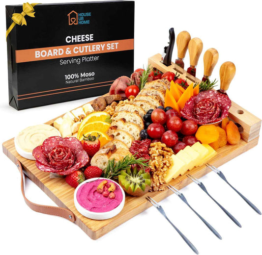 Bamboo Charcuterie Board Set with Leather Handles | Large Cheese Board with Knives & Bowls | Elegant Housewarming, Wedding & Birthday Gift for Couples