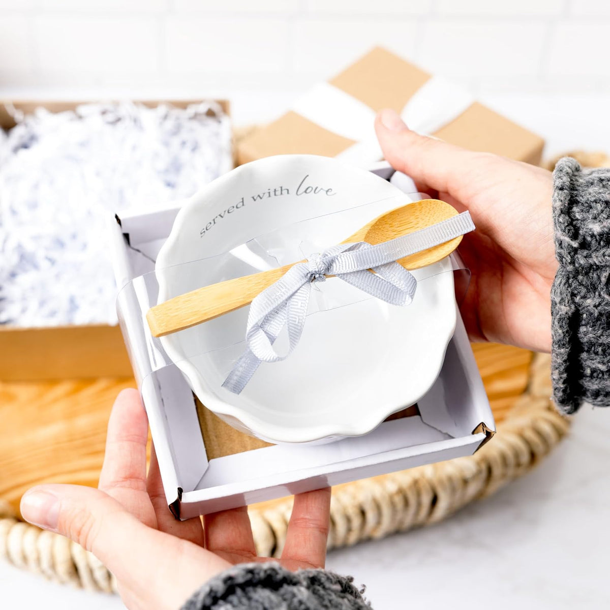Pavilion Gift Company - Served With Love - 4.5" Ceramic Bowl With Bamboo Serving Spoon Neutral Ombre Kitchen Serveware Housewarming Gift Hostest Host Present