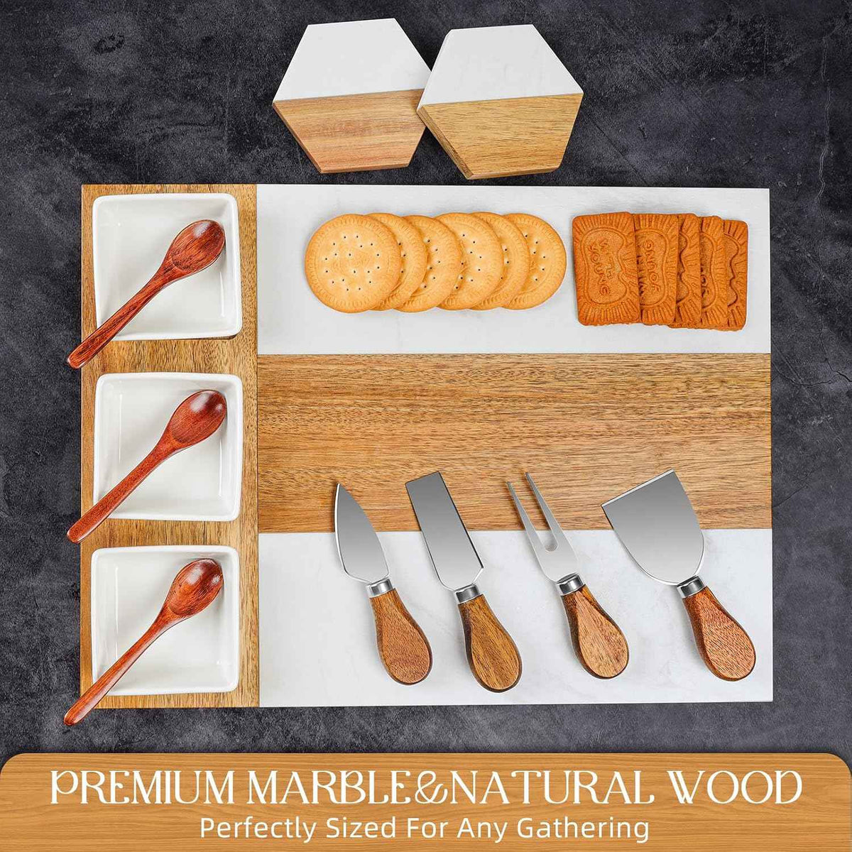Charcuterie Board Set - Large Marble Cheese Board – Perfect Wood Charcuterie Boards Accessories Housewarming Gifts for New Home, Bridal Shower, New House Gift