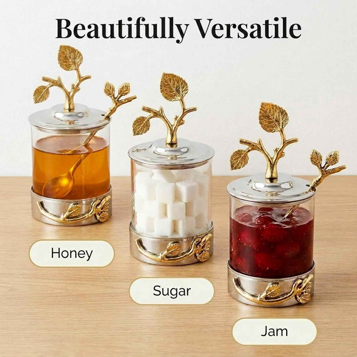 Godinger Elegant Leaf Jam & Honey Jar with Spoon – Stylish Stainless Steel & Glass Dish For Condiments, Sugar & Spreads – Decorative Serveware for Breakfast, Tea, Entertaining & Housewarming Gifts